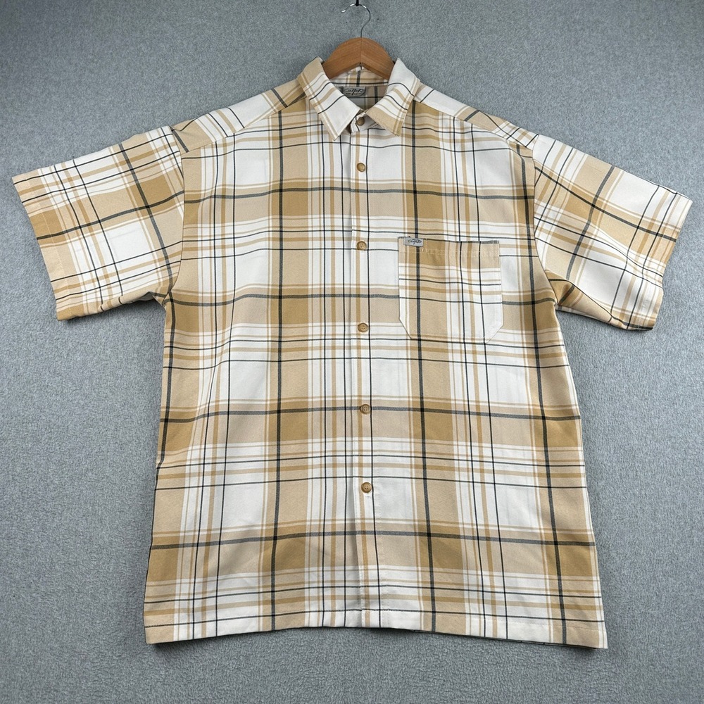 CalTop Button Down Shirt Mens XL Plaid Tan Attribute Short Sleeve Made In USA
